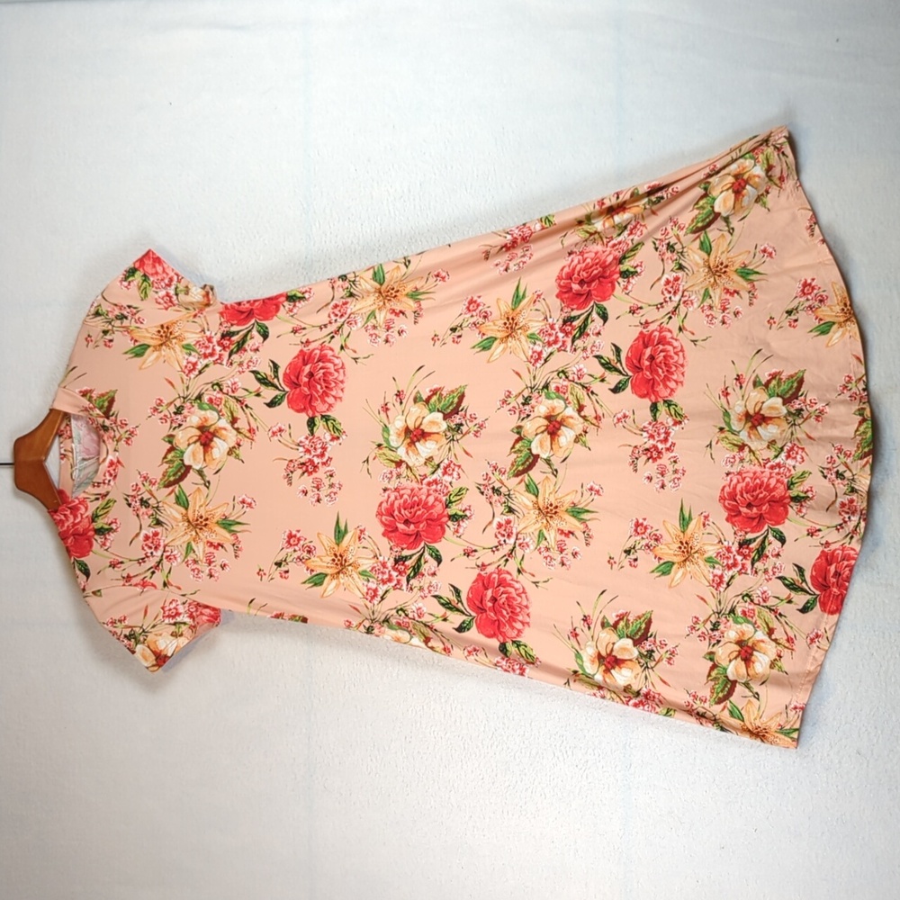 Reb & J Pink Rose Floral Mock Neck‎ Stretch Lightweight Midi Dress S